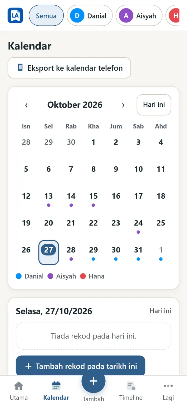 Kalendar LogAnak bulan Oktober dengan titik berwarna bagi rekod setiap anak
