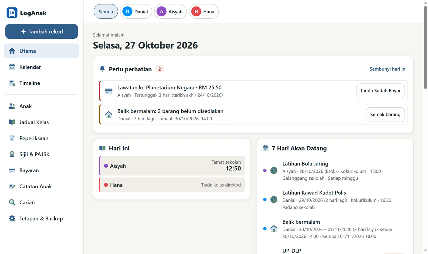 Halaman Utama LogAnak di komputer: perlu perhatian, kelas hari ini dan 7 hari akan datang untuk tiga anak