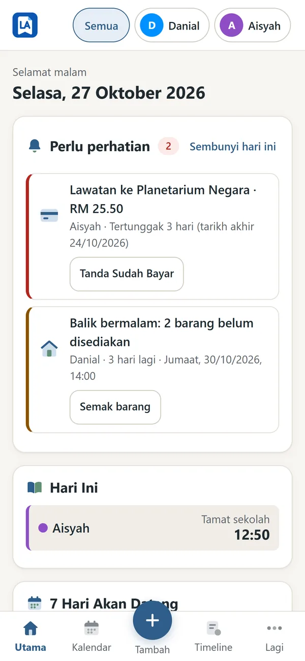 Halaman Utama LogAnak di telefon: bayaran tertunggak, balik bermalam dan kelas hari ini